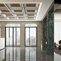 Elegant Front Desk Reception Area With Geometric Ceiling Design Marble Wall Large Windows And Sofa 3d model