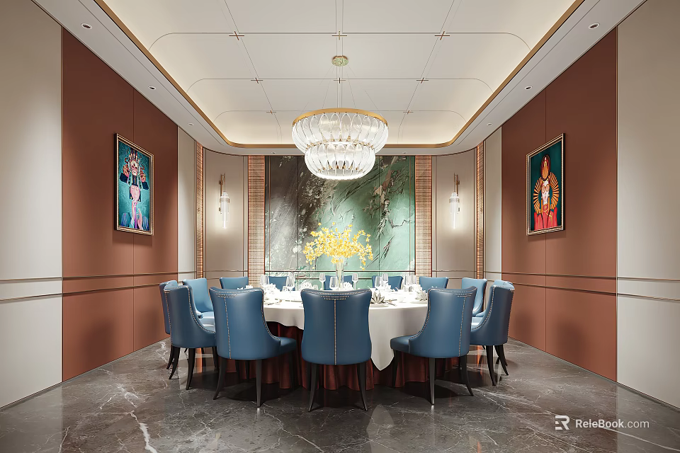 Elegant Private Dining Room Interior With Round Table Blue Chairs White Tablecloth And Chandelier 3d model 