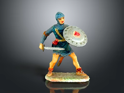 Toy Soldier Figure With Blue Armor Helmet Sword And Red Emblem Shield On Base 3d model