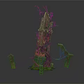Cartoon Fantasy Scene Featuring Broken Tower Withered Branches Yellow Liquid And Tombstone Like Structures