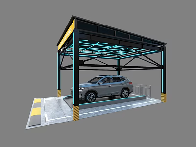 SUV Car Parked Under Covered Illuminated Carport With Blue Accent And Yellow Gray Floor 3d model