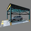 SUV Car Parked Under Covered Illuminated Carport With Blue Accent And Yellow Gray Floor