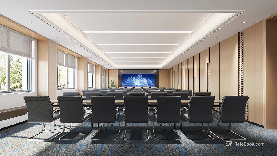 Modern Conference Room With Black Chairs Long Table And Large Screen 3d model