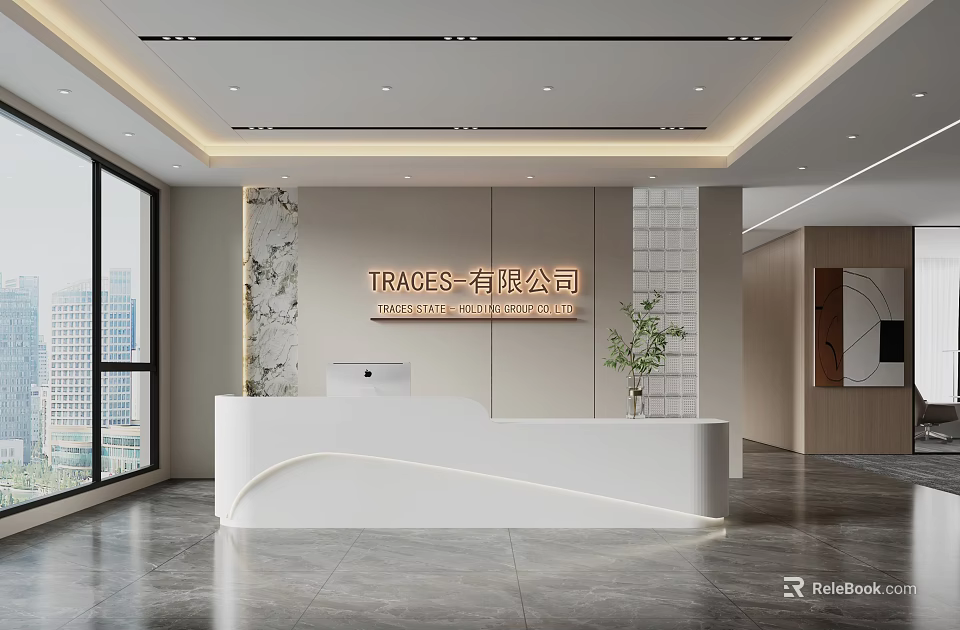 Modern Reception Desk Interior Design With White Counter Company Logo Plant And Large Windows 3d model 