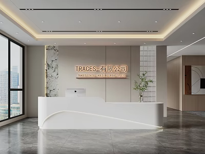 Modern Reception Desk Interior Design With White Counter Company Logo Plant And Large Windows 3d model