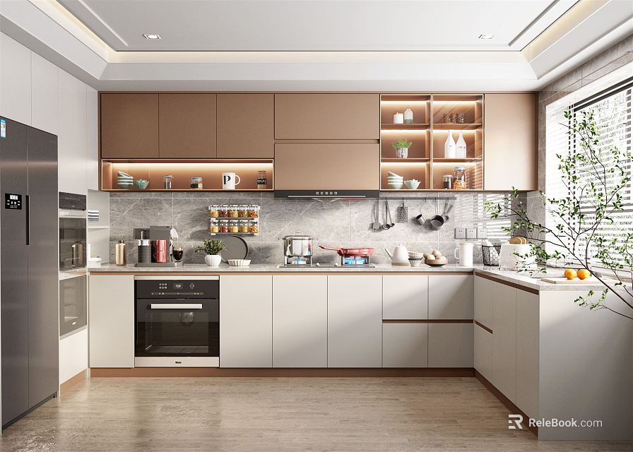 Modern Kitchen Interior With Brown And White Cabinets Stainless Steel Fridge Oven And Hanging Utensils 3d model 