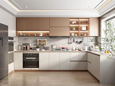 Modern Kitchen Interior With Brown And White Cabinets Stainless Steel Fridge Oven And Hanging Utensils 3d model