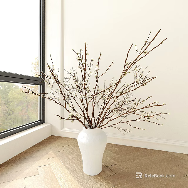 White Vase With Slender Branches And Buds On Wooden Floor By Window In Bright Room 3d model 
