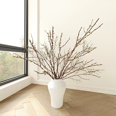 White Vase With Slender Branches And Buds On Wooden Floor By Window In Bright Room 3d model