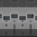 Modern Tech Showroom Featuring Multiple Screens Embedded In Walls With White Display Pedestals