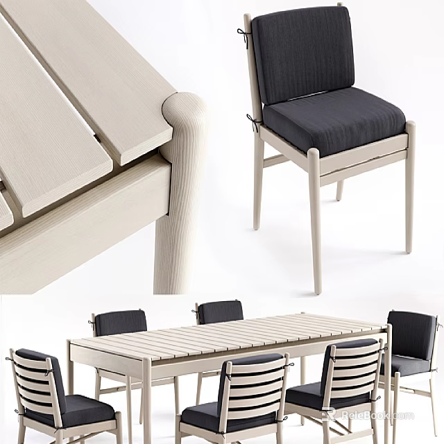 Modern Light Colored Table And Chair Set With Black Cushioned Seats 3d model