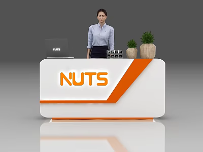 Modern NUTS Reception Desk White And Orange With Laptop Potted Plants And Receptionist 3d model