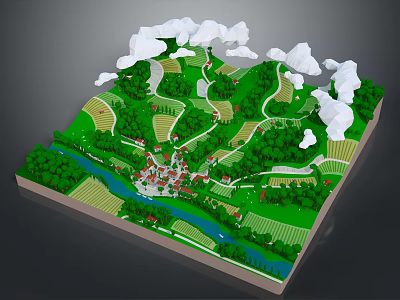 Cartoon Countryside Landscape With Green Fields Winding Paths River Village And Clouds 3d model