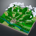 Cartoon Countryside Landscape With Green Fields Winding Paths River Village And Clouds