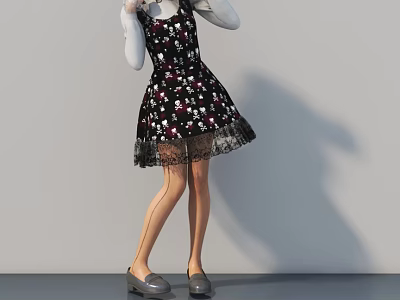 Woman Wearing Floral Dress With White Sleeves Lace Trim And Gray Shoes 3d model