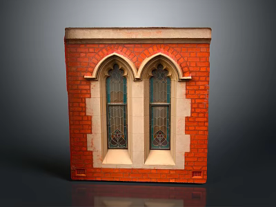 Red Brick Building Features Arched Casement Windows With Stained Glass Design 3d model