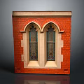 Red Brick Building Features Arched Casement Windows With Stained Glass Design 3d model