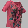 Pink V neck casual t shirt with floral pattern and PRIOR LOVE decorative text