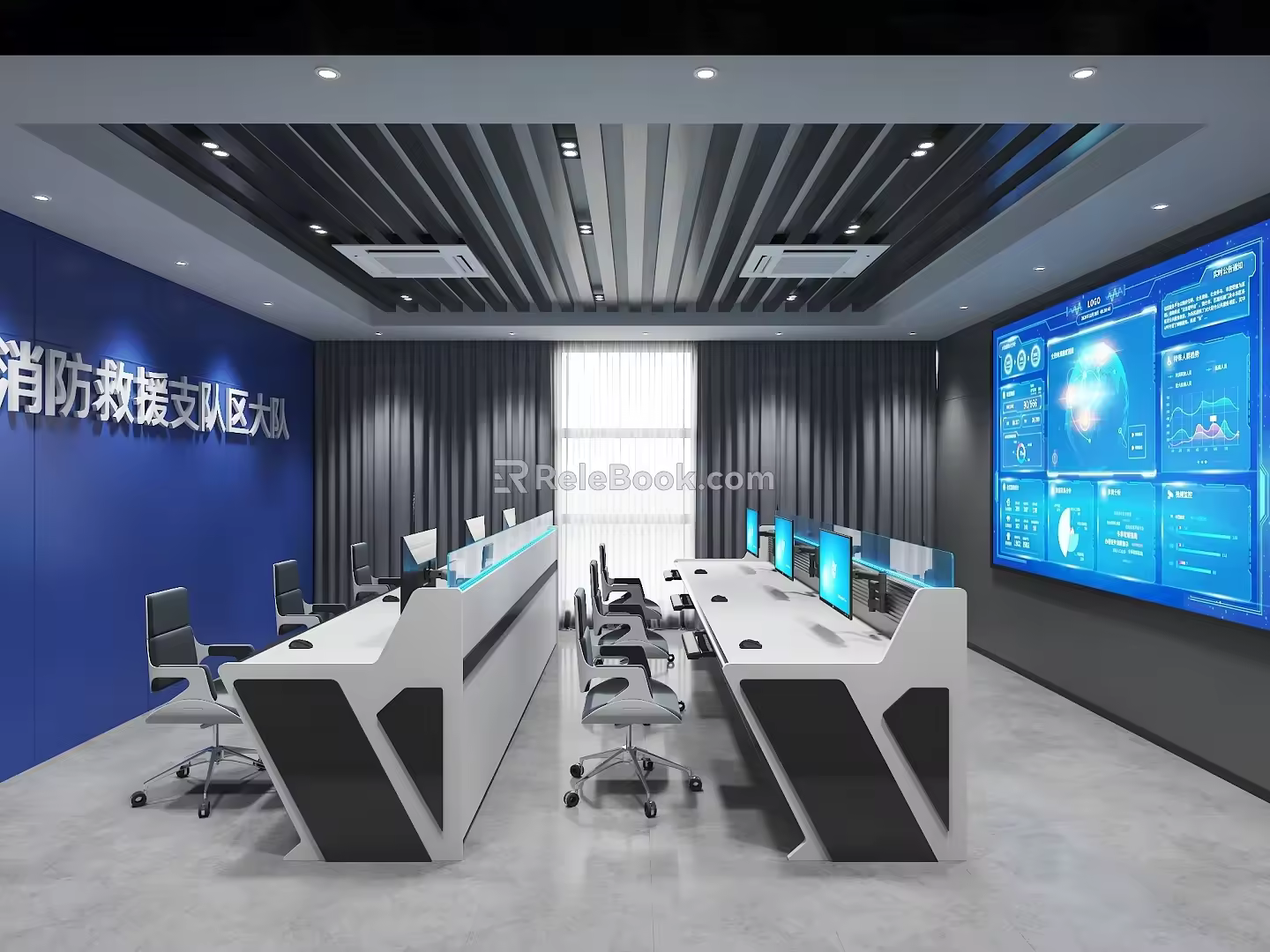 Command Center Control Center Rescue Brigade Control Center Combat Command Room Operation Desk Science and Technology Large Screen Office Desk and Chair Interactive Touch Screen Rescue Brigade 3d model