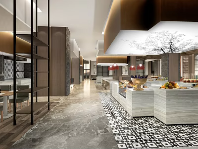 Modern Restaurant Interior With Open Layout Geometric Tiled Floor Wooden Decor Buffet Counters Fruit Displays 3d model