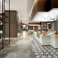 Modern Restaurant Interior With Open Layout Geometric Tiled Floor Wooden Decor Buffet Counters Fruit Displays