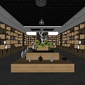 Traditional Chinese Showroom With Wooden Shelves Ceramic Displays Central Platform And Green Plants