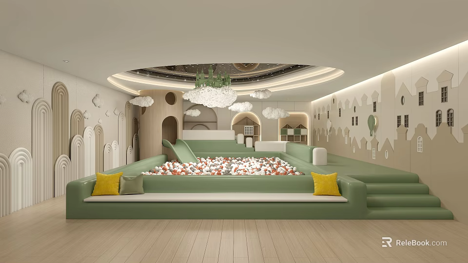 Kids Activity Space With Colorful Ball Pit Green Padded Seating And Geometric Wall Decor 3d model 