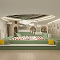 Kids Activity Space With Colorful Ball Pit Green Padded Seating And Geometric Wall Decor