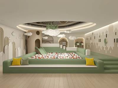 Kids Activity Space With Colorful Ball Pit Green Padded Seating And Geometric Wall Decor 3d model