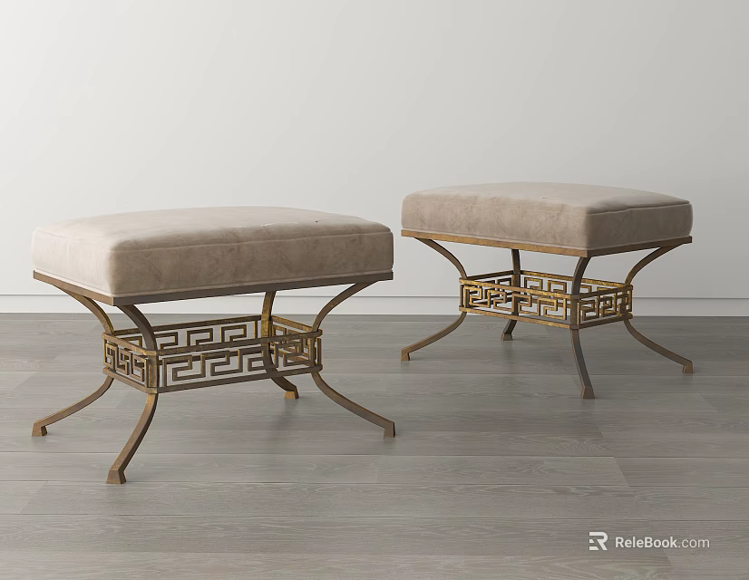 Elegant Sofa Stools With Upholstered Seats And Gold Metal Geometric Frames 3d model 