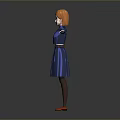 Child with red hair wearing blue dress and orange shoes standing with arms outstretched