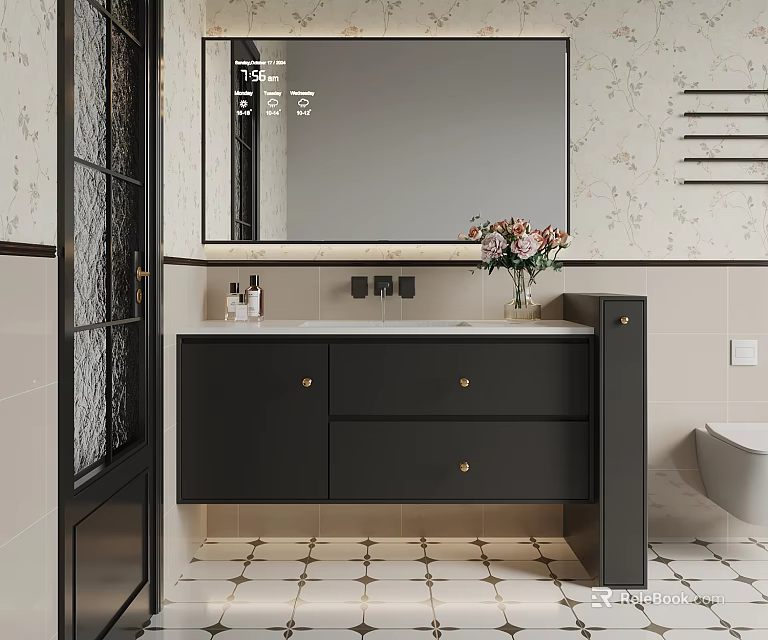 Modern Bathroom Vanity With Large Mirror Vase Flowers Patterned Wall And Geometric Tiles 3d model 