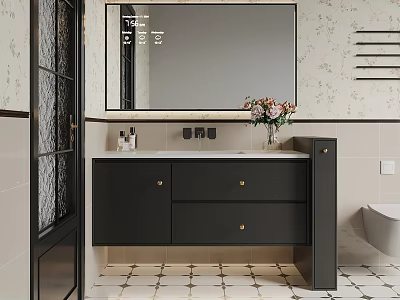 Modern Bathroom Vanity With Large Mirror Vase Flowers Patterned Wall And Geometric Tiles 3d model