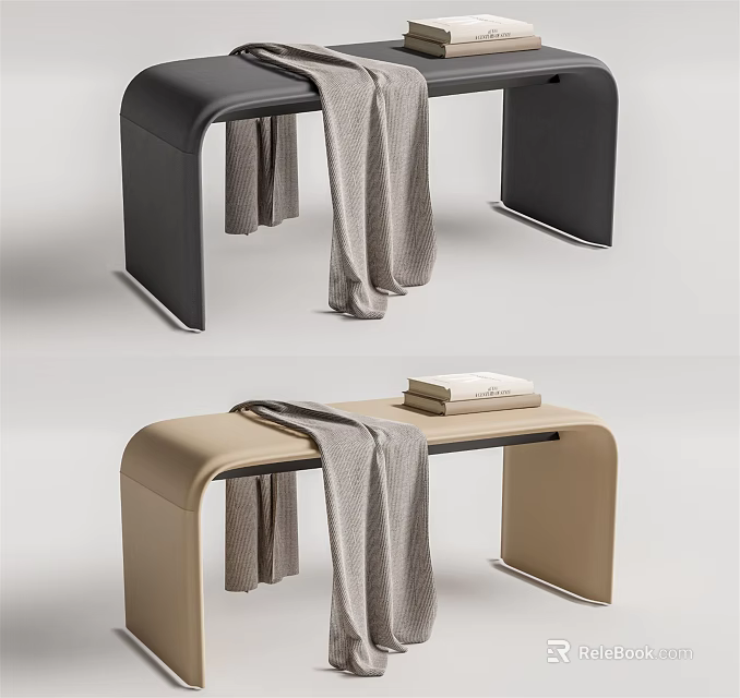Black and Beige Leather Ottomans with Gray Blanket and Stack of Books 3d model 