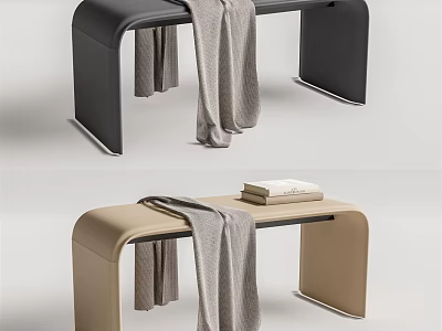 Black and Beige Leather Ottomans with Gray Blanket and Stack of Books 3d model