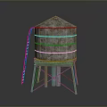 Cylindrical Rusted Metal Water Tower With Ladder And Support Stand Structure