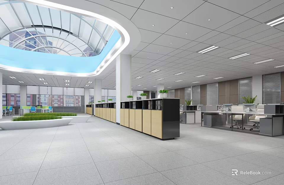 Modern Bright Public Office Interior With Spacious Open Layout Green Plants And Desks 3d model 