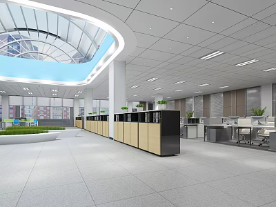 Modern Bright Public Office Interior With Spacious Open Layout Green Plants And Desks 3d model
