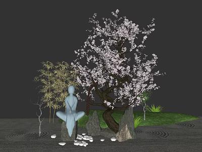 Tranquil Garden Decor with Sitting Figure Sculpture Pink Flowering Tree Bamboo Stones and Raked Sand 3d model