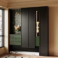 Modern Black and Green Shoe Cabinet with Floral Wallpaper Storage Drawers and Vase Flowers