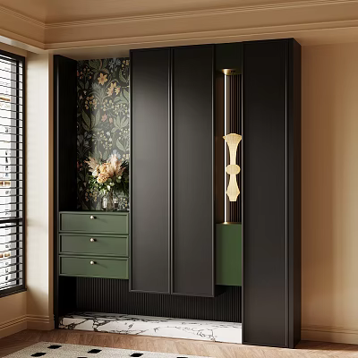 Modern Black and Green Shoe Cabinet with Floral Wallpaper Storage Drawers and Vase Flowers 3d model