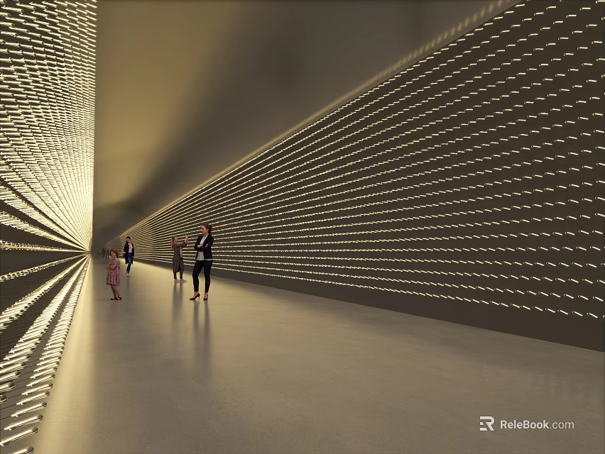 Elevator Hallway With Linear Lighting Wall Design And People Walking In Modern Space 3d model 