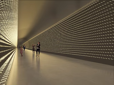 Elevator Hallway With Linear Lighting Wall Design And People Walking In Modern Space 3d model