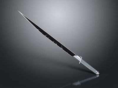 Sharp Long Knife Weapon With Black Blade And Silver Striped Handle On Reflective Surface 3d model