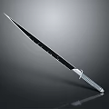 Sharp Long Knife Weapon With Black Blade And Silver Striped Handle On Reflective Surface 3d model