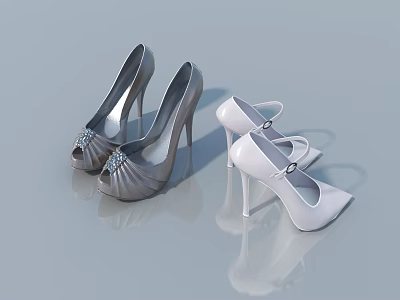 Elegant Silver And White Stiletto Heels With Decorative Rhinestones And Buckles 3d model