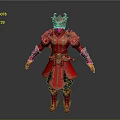 Detailed Game Movie Character in Red Ornate Armor with Golden Intricate Patterns and Decorative Helmet