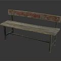 Outdoor Bench Wooden Seat With Weathered Red Orange Paint Backrest And Blue Metal Frame
