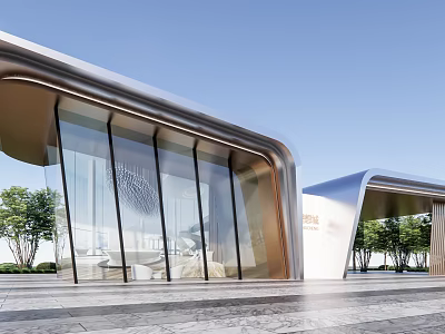 Modern Entrance Gate Design With Curved Glass Metal Frame And Trees On Stone Plaza 3d model