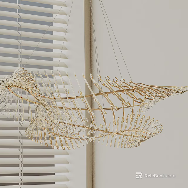 Unique Golden Bone Structure Chandelier Hanging By Window Blinds With White Wall 3d model
